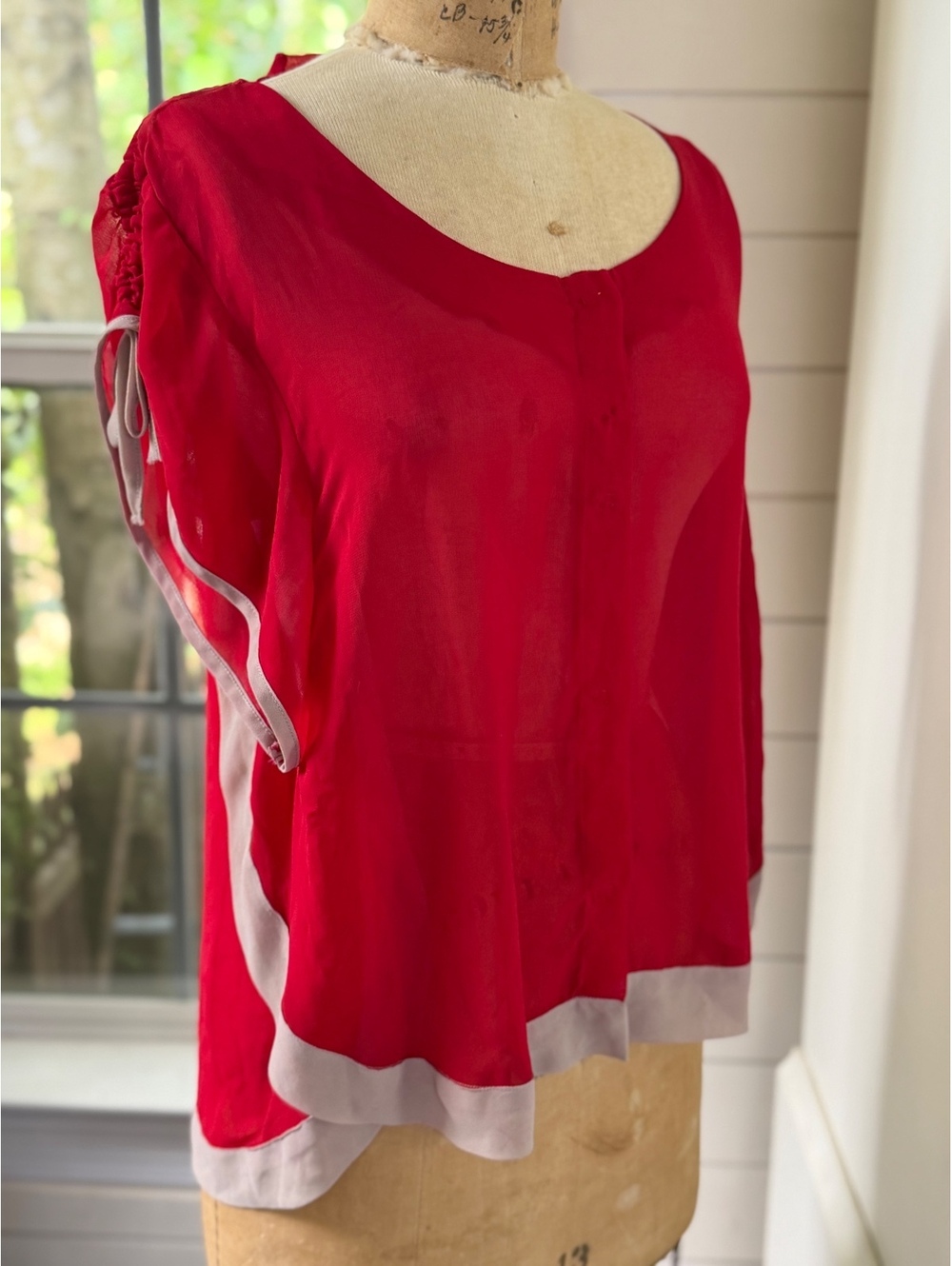 AnM Sheer Red Colorblock Chiffon Blouse Contrast Trim Short Sleeve Women Medium
